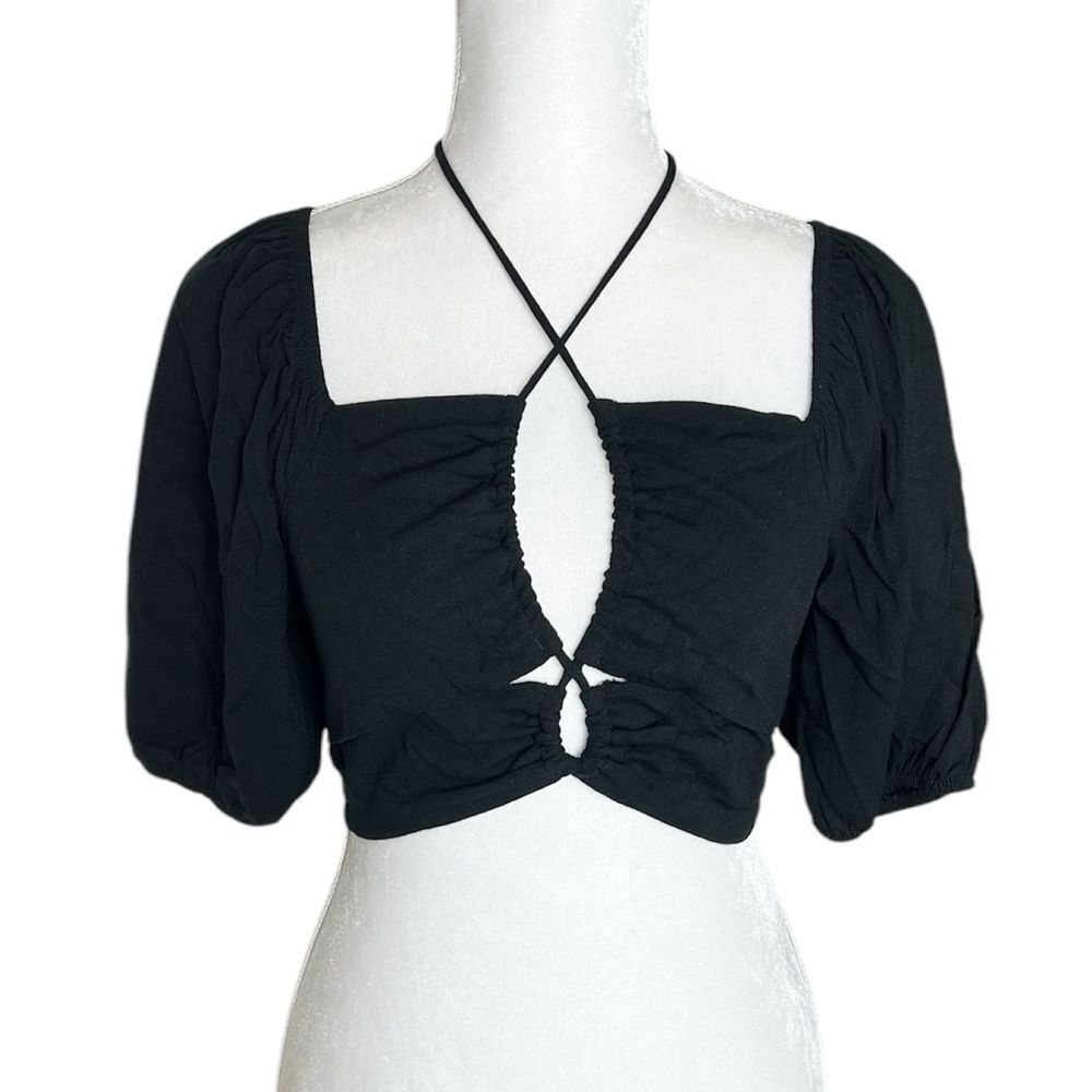 Wild Fable Black Keyhole Crop Top Puff Sleeves Tie Neck Size Small